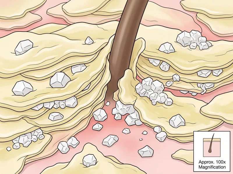 Microscopic view showing mineral deposits from hard water adhering to seborrheic dermatitis scale on scalp