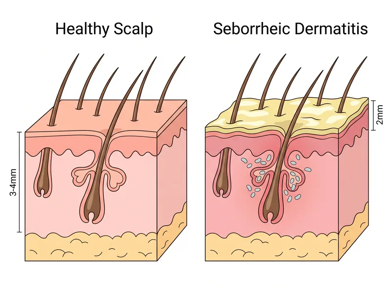 Side-by-side comparison showing healthy scalp versus scalp with seborrheic dermatitis yellow scale buildup