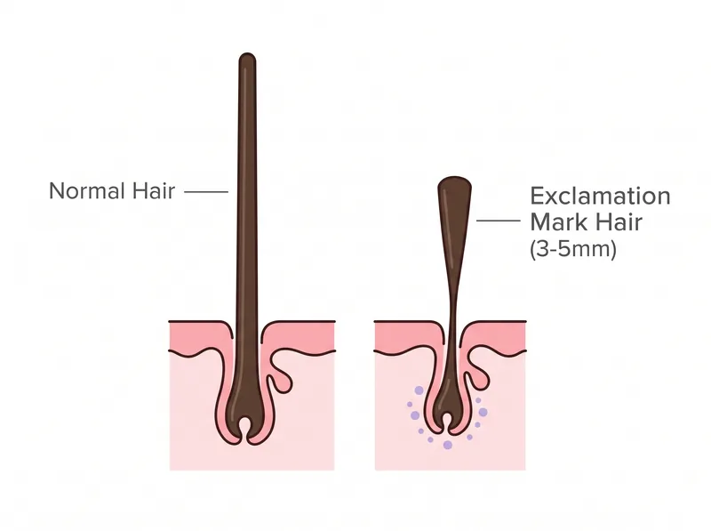 Medical diagram showing exclamation mark hair structure in alopecia areata compared to normal hair shaft