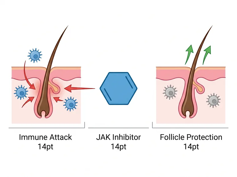Simplified diagram showing how JAK inhibitors block the immune pathway attacking hair follicles in alopecia areata