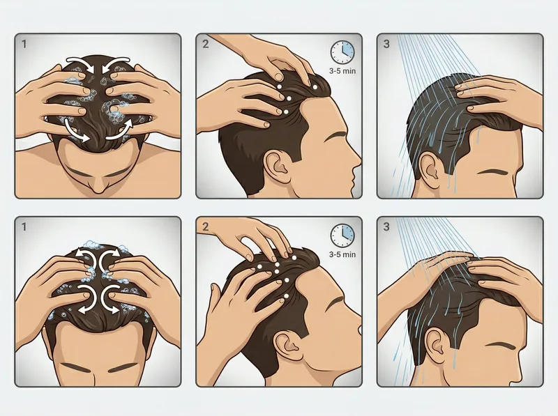 Step-by-step visual guide showing proper hair loss shampoo application technique for men
