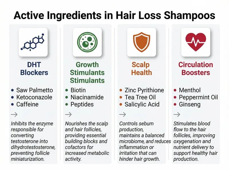 Educational infographic comparing key active ingredients in hair loss shampoos for men