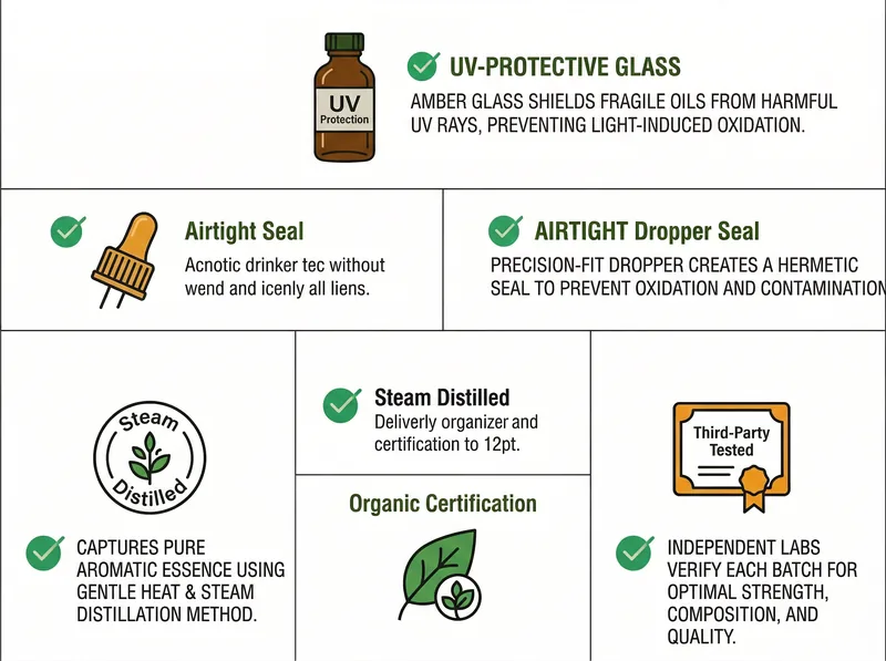 Visual checklist showing quality indicators to look for when purchasing rosemary essential oil