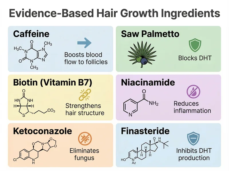 Infographic showing key active ingredients in effective hair growth shampoos with molecular structures