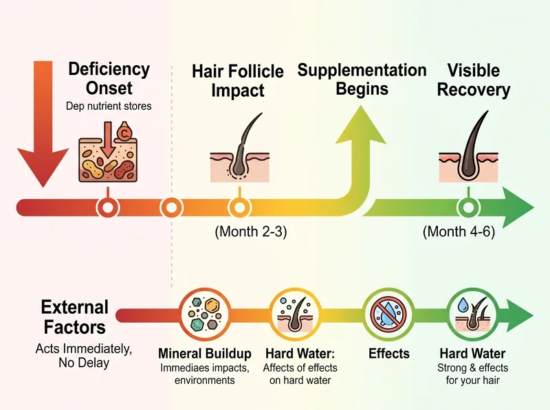 Timeline infographic showing how long it takes for vitamin and mineral deficiencies to affect hair follicles and recovery time after correction