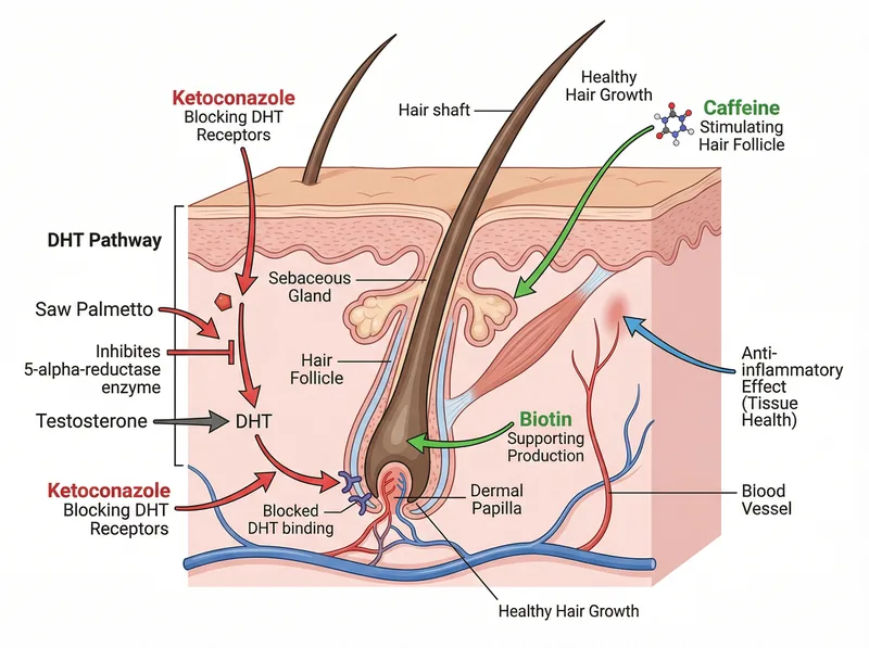 Scientific diagram showing active ingredients in dermatologist-recommended hair loss shampoos and their mechanisms of action