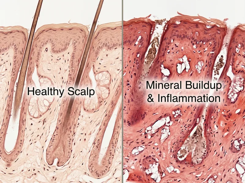Comparison showing healthy scalp environment versus compromised scalp with mineral buildup and inflammation