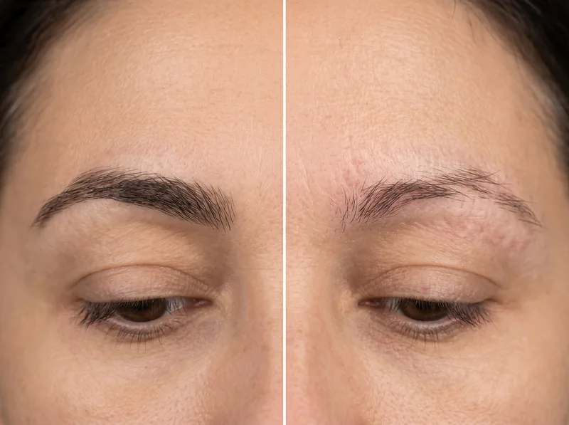 Close-up comparison of eyebrows showing progressive thinning and loss associated with frontal fibrosing alopecia