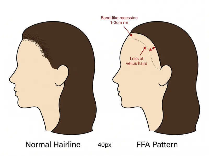 Side-by-side comparison diagram showing normal hairline versus FFA-affected hairline with characteristic band-like recession pattern