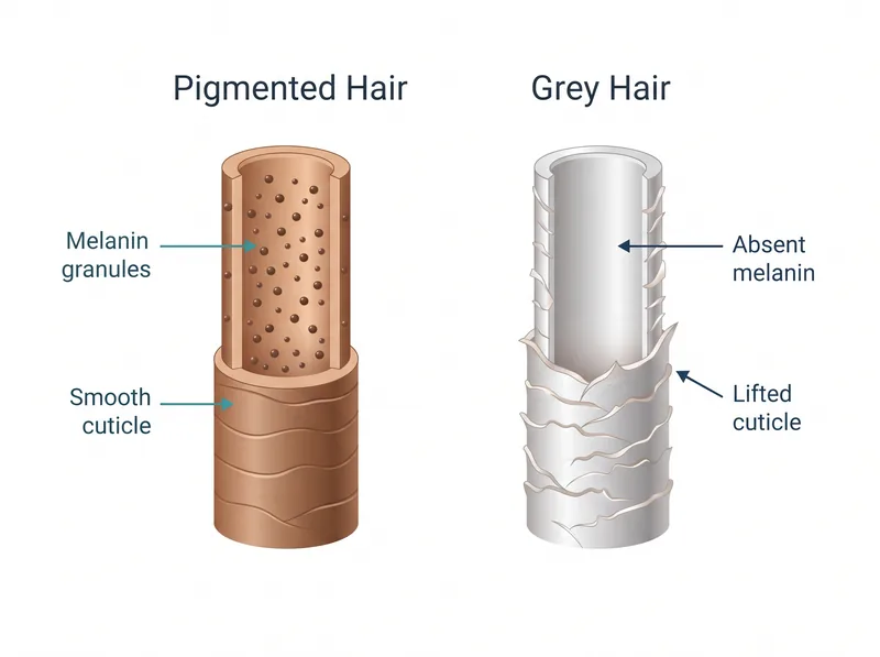 Diagram comparing the cuticle structure of pigmented hair versus grey hair, showing lifted cuticle scales and reduced melanin in grey strands