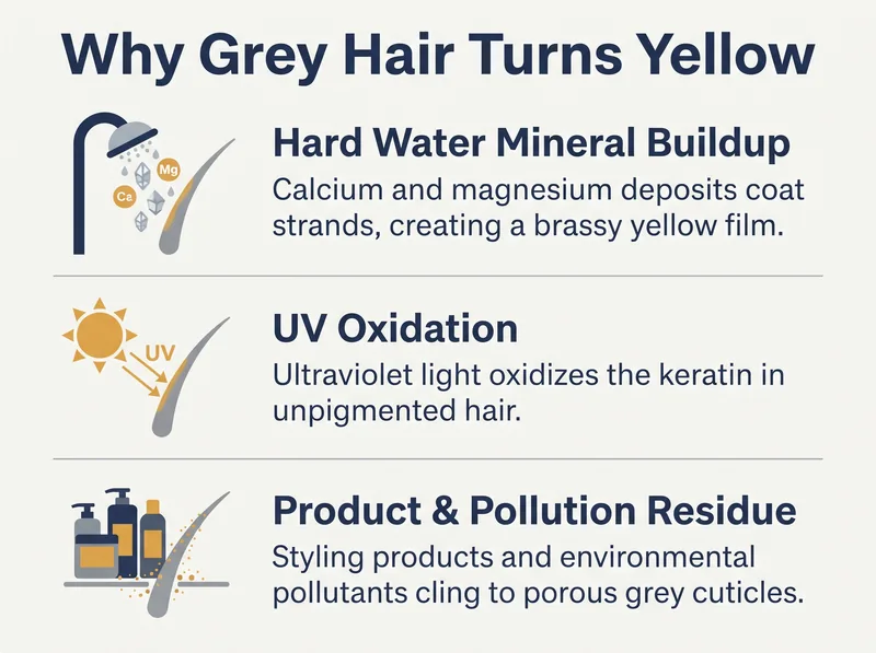 Infographic showing three main causes of grey hair yellowing: mineral buildup from hard water, UV oxidation, and product residue