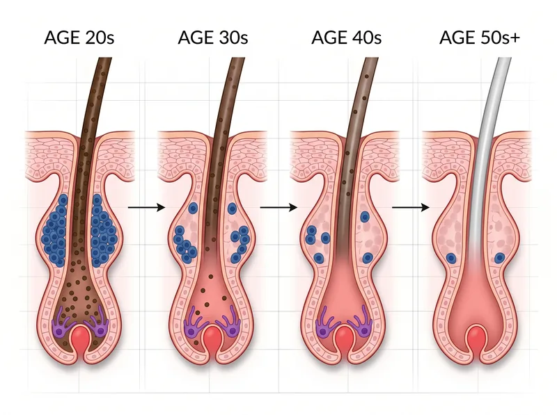 Scientific diagram showing melanocyte stem cell depletion process in hair follicles over time