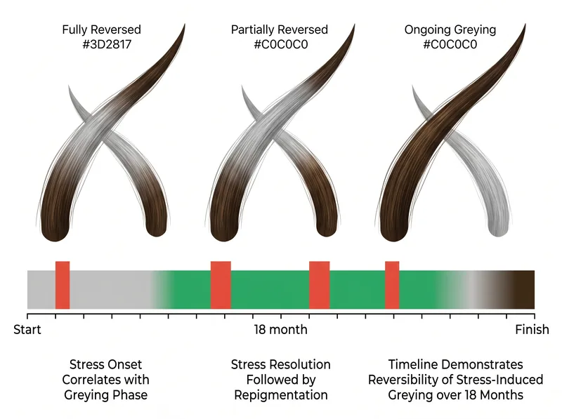 Infographic showing hair pigmentation changes during and after stress periods based on recent research