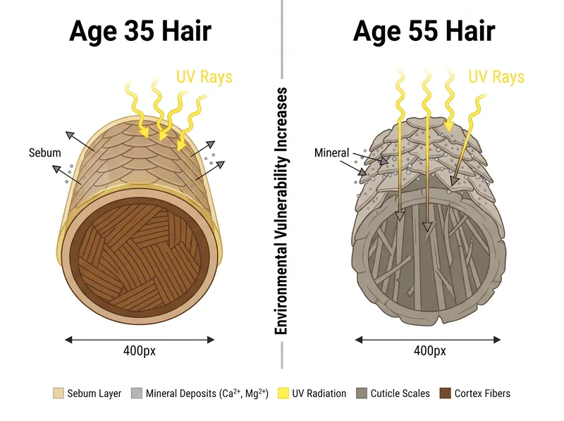 Comparison diagram showing how aged hair cuticles are more susceptible to hard water mineral deposits and UV damage
