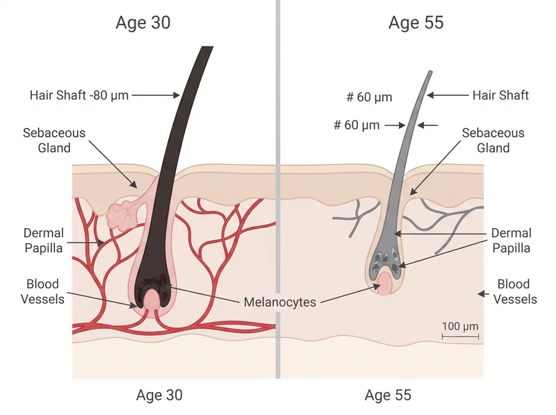 Educational diagram showing hair follicle miniaturization process comparing young follicle to aged follicle structure
