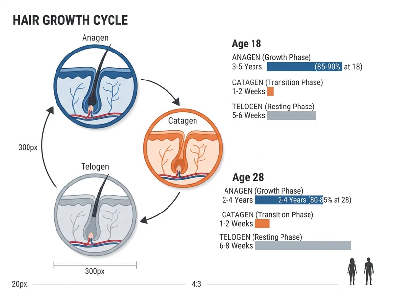 Educational diagram showing hair growth cycle phases and how they change in early adulthood