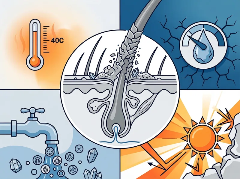 Infographic showing environmental factors affecting hair health in the Gulf region including water quality, climate, and pollution