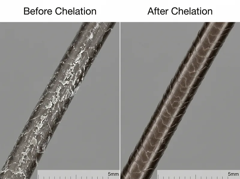 Before and after comparison showing hair strand clarity after chelating treatment removes mineral buildup