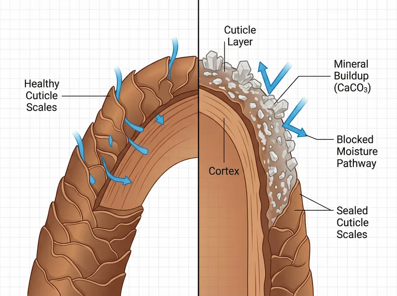 Scientific diagram showing how calcium and magnesium minerals coat hair shaft and block moisture penetration