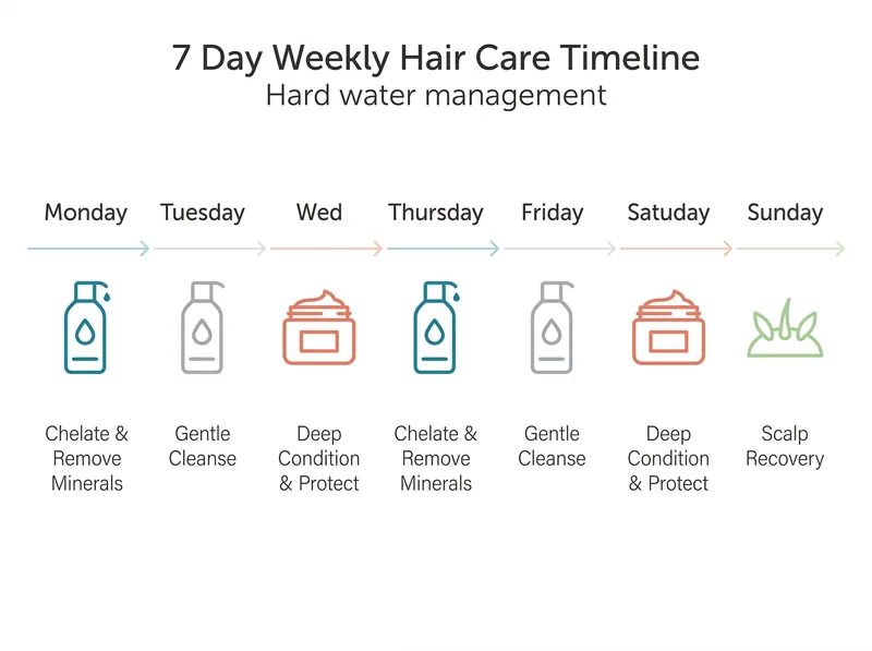 Infographic timeline showing weekly hair care routine for hard water protection and mineral removal