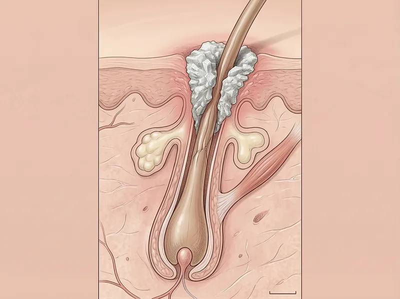 Microscopic view showing mineral deposits blocking hair follicle opening