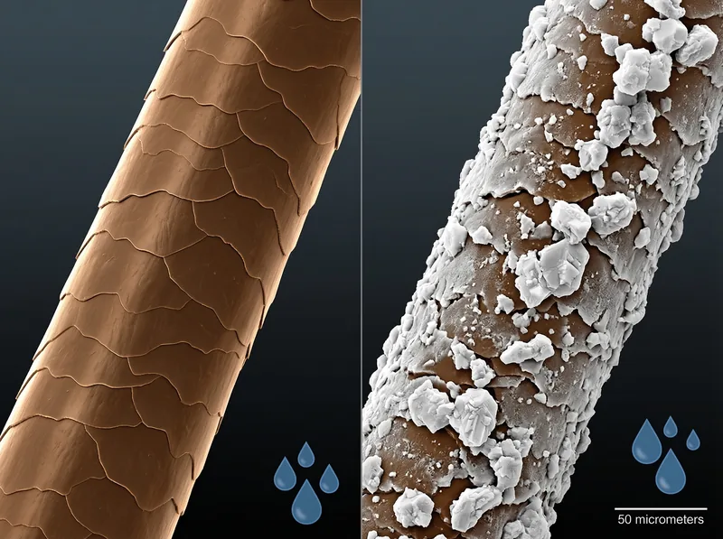 Microscopic comparison of clean hair shaft versus mineral-coated hair shaft showing calcium and magnesium deposits