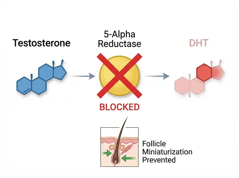 Medical illustration showing DHT hormone blocking mechanism in male pattern baldness treatment