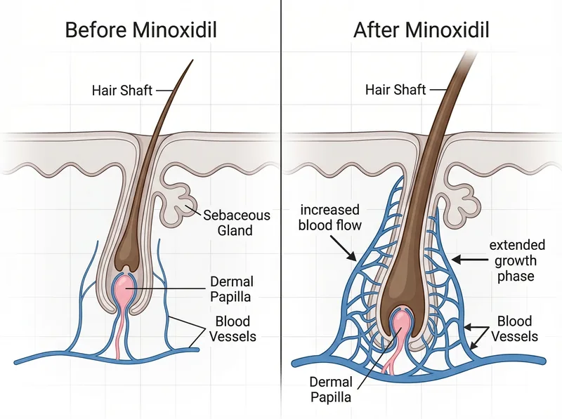 Scientific diagram showing how minoxidil works on hair follicles at the cellular level