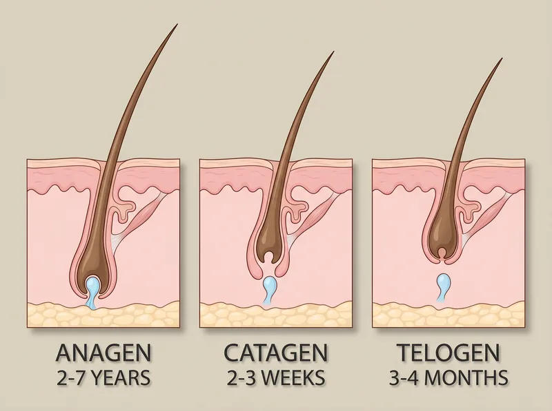 Educational diagram showing the three phases of hair growth cycle with duration labels