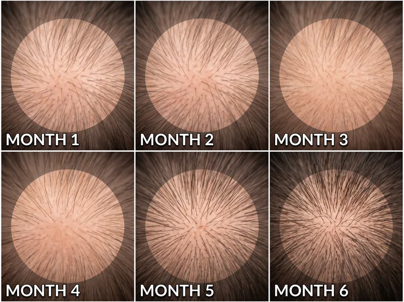 Month-by-month visual guide showing realistic hair regrowth expectations from baseline to six months