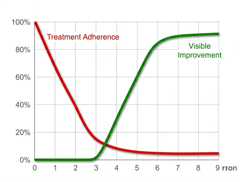 Graph showing typical treatment adherence rates declining sharply after 8 weeks versus the 6-month timeline needed for results