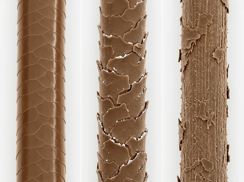 Progressive illustration showing cuticle layer damage from healthy overlapping scales to lifted scales to completely eroded outer layer
