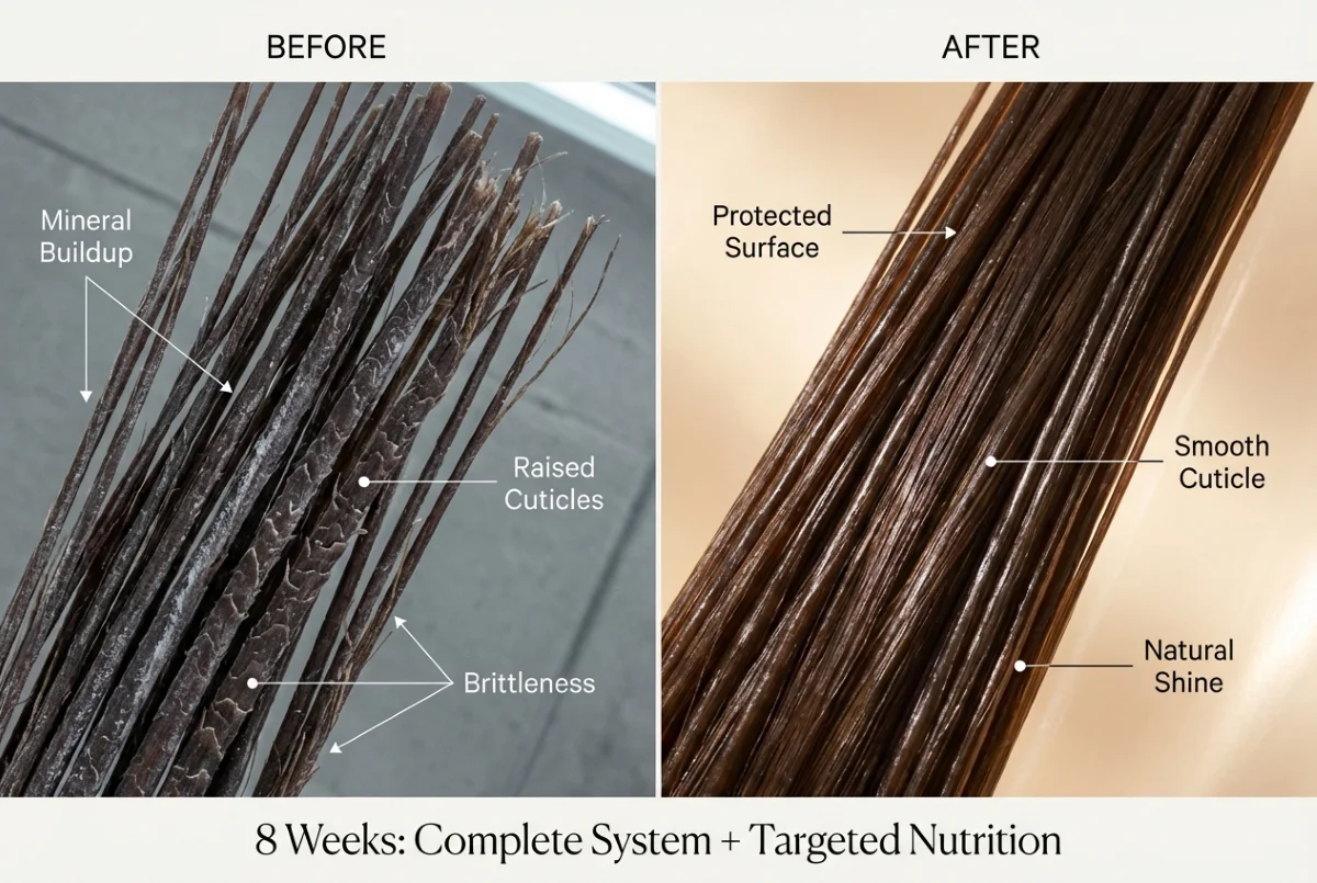 Before and after comparison of hair strands showing transformation from dull mineral-coated hair to glossy smooth healthy hair after 8 weeks