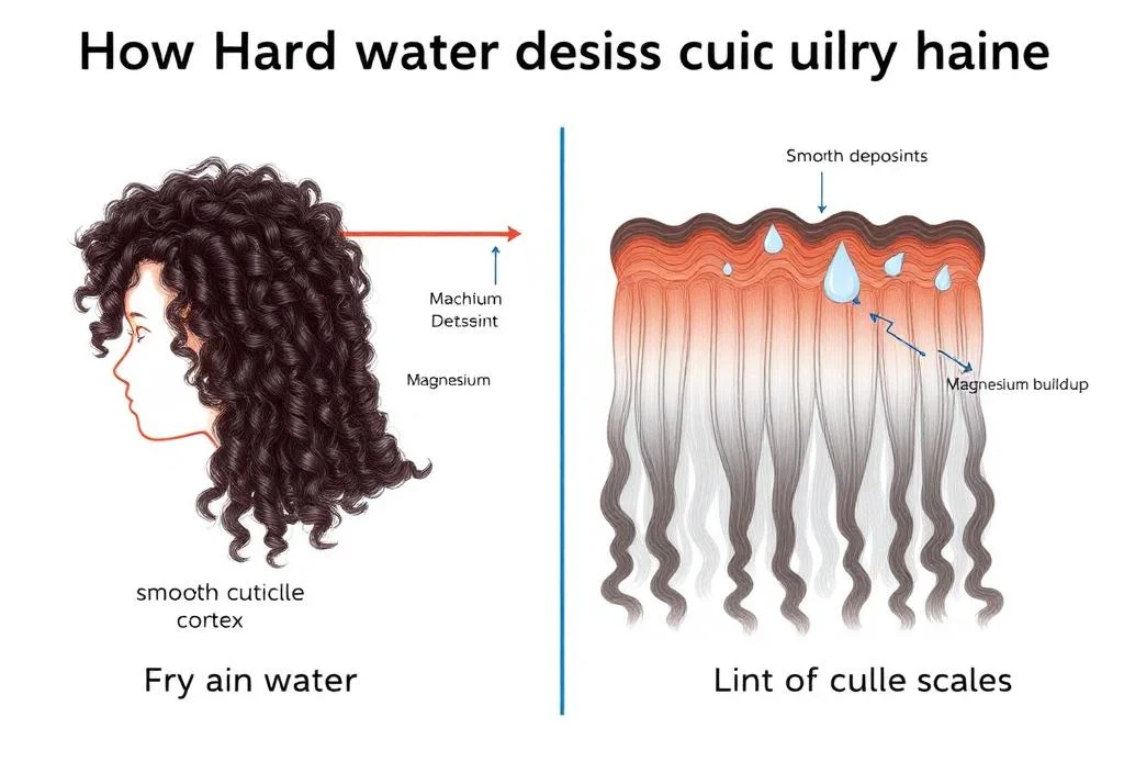 Calcium and magnesium deposits lodge between lifted cuticle scales in curly hair