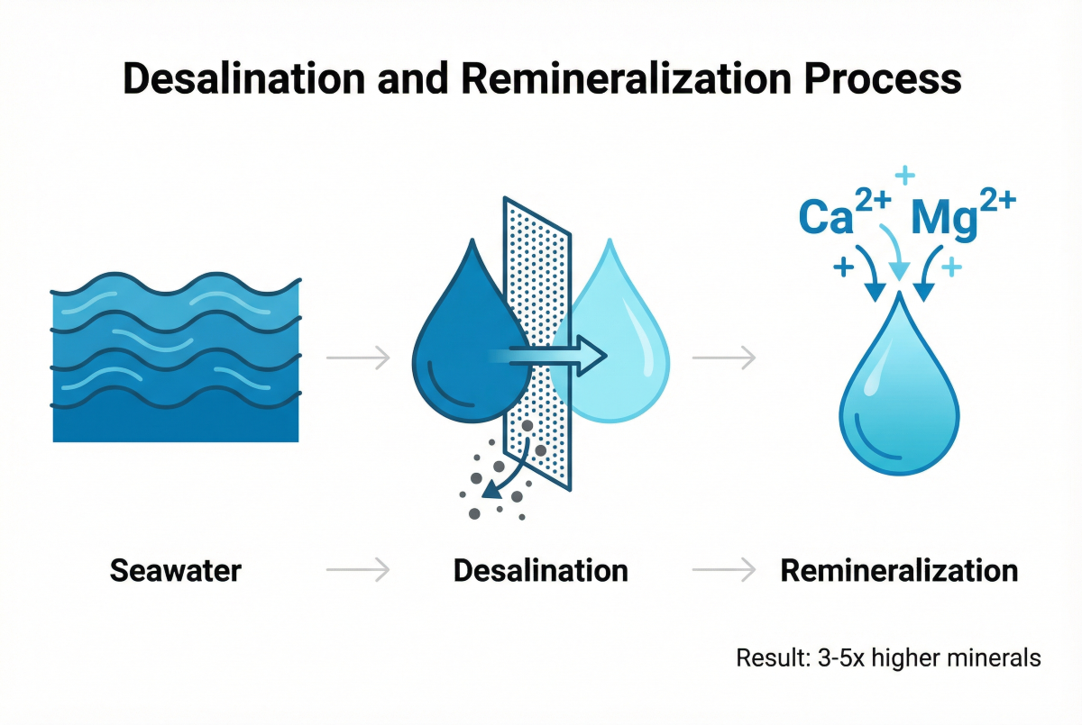 Infographic showing desalination and remineralization process that creates engineered hard water in the GCC