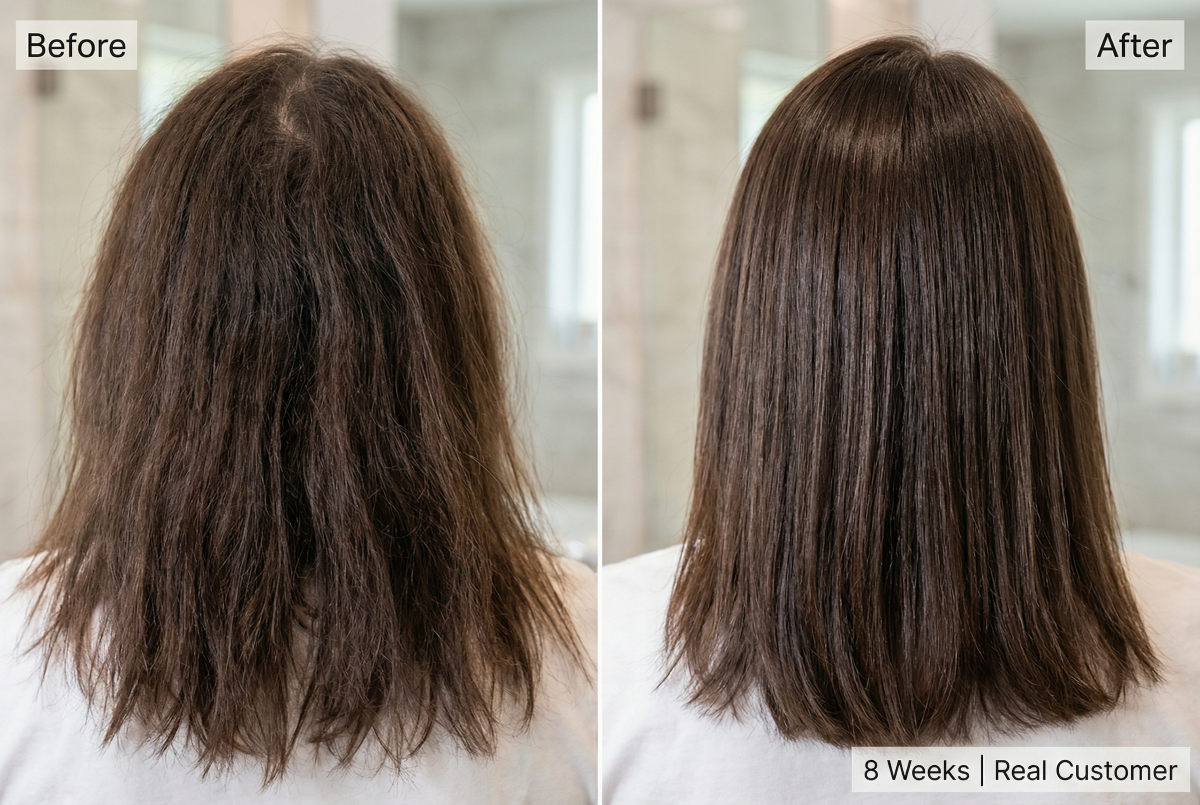 Before and after photos showing hair improvement after 8 weeks using chelating shampoo for hard water damage