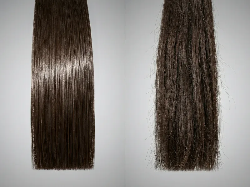 Side-by-side comparison of healthy hair versus hard water damaged hair showing texture and shine differences