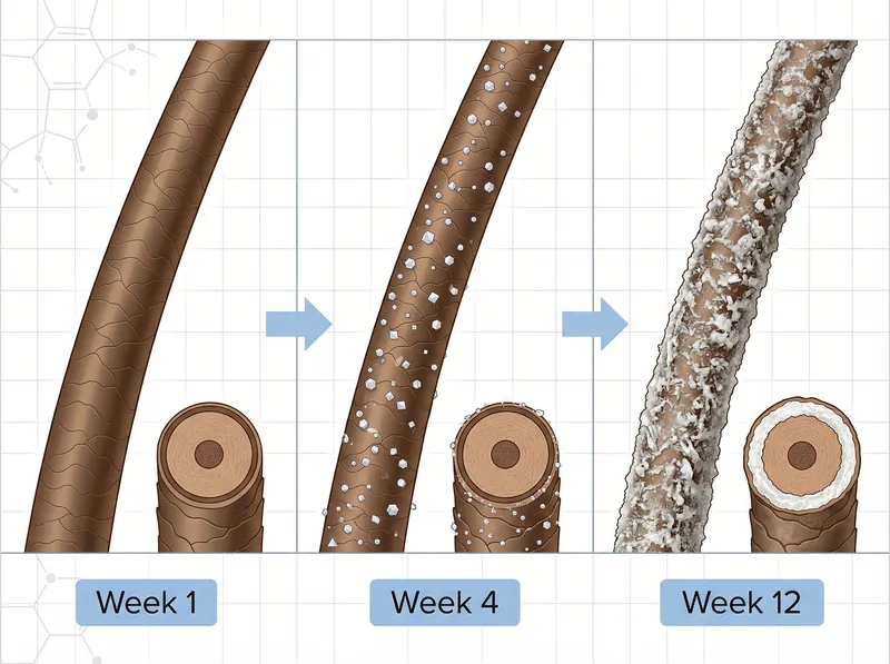 Scientific diagram showing mineral deposits coating hair shaft and blocking follicles