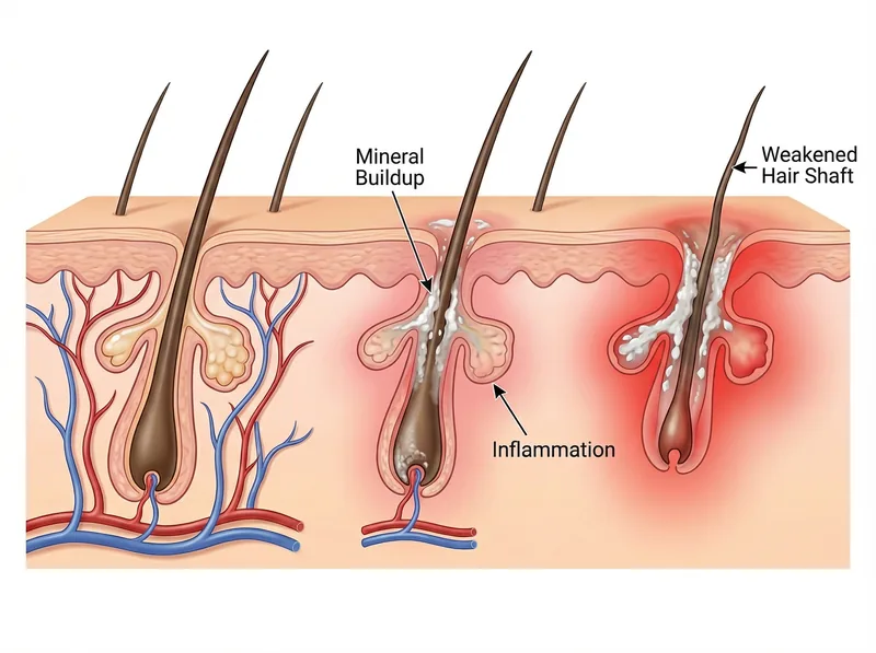 Illustration of how hard water mineral buildup leads to scalp inflammation and changeed hair growth cycle