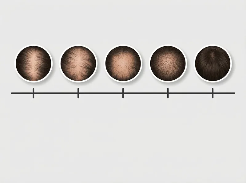 Visual timeline showing the typical hair growth phases and results timeline when using minoxidil over 12 months