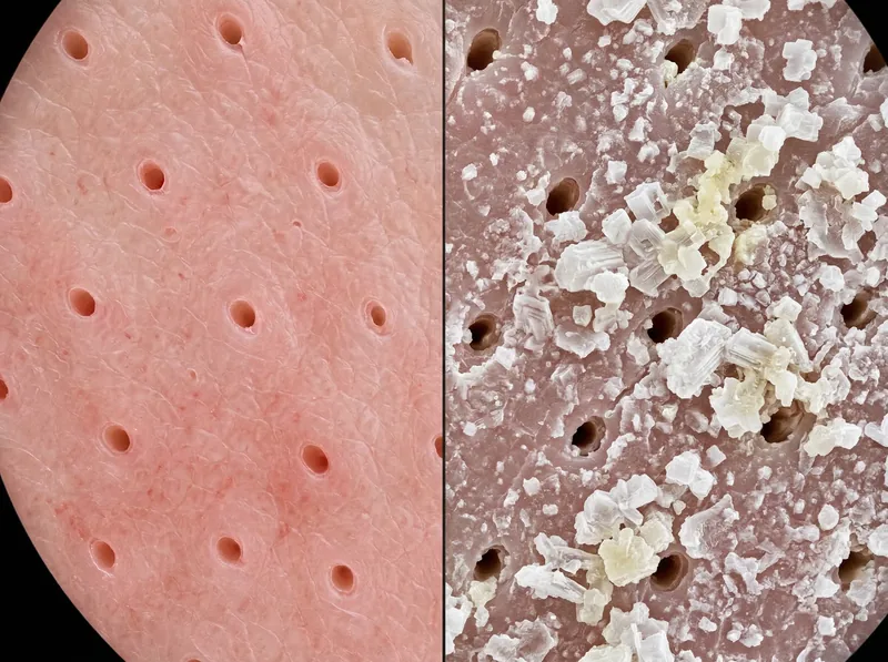 Microscopic comparison showing mineral buildup on hair follicles from hard water blocking minoxidil absorption