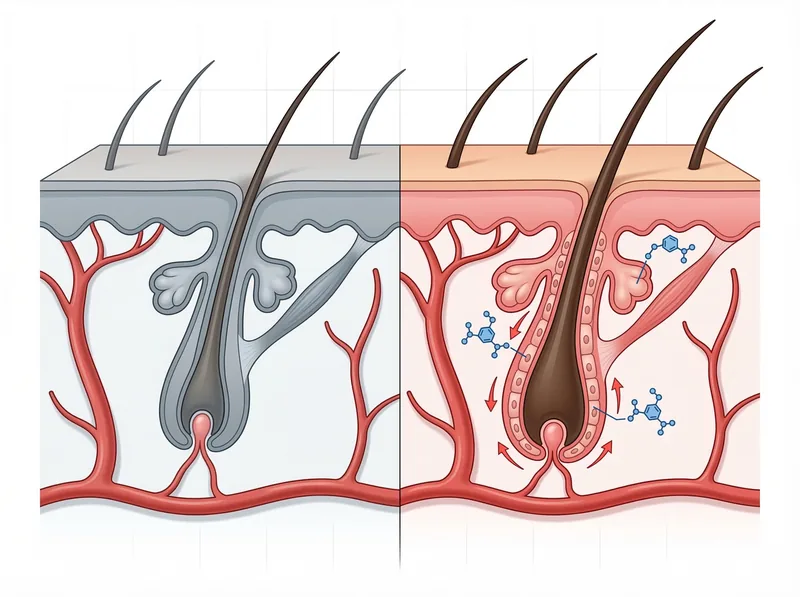 Scientific diagram showing how minoxidil works at the cellular level to stimulate hair follicles and promote growth