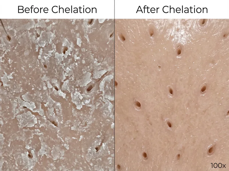 Before and after comparison showing scalp surface clarity after chelating treatment removes mineral buildup