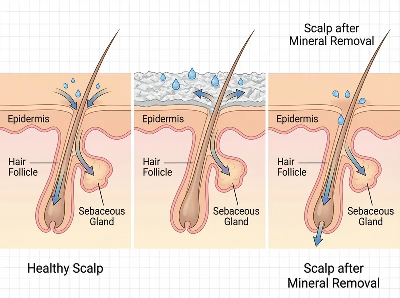 Scientific diagram showing how mineral deposits create a barrier preventing minoxidil absorption into scalp