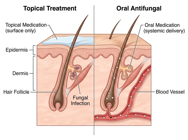 Cross-sectional medical diagram showing how oral antifungal medication reaches infected hair follicle through bloodstream while topical treatment remains on surface