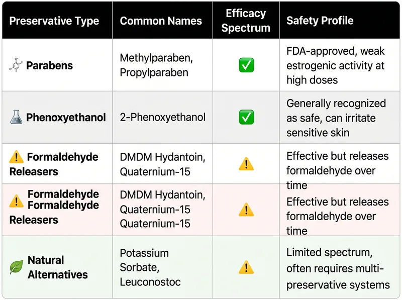 Comparison chart of common cosmetic preservatives showing parabens, phenoxyethanol, and alternative systems with safety profiles