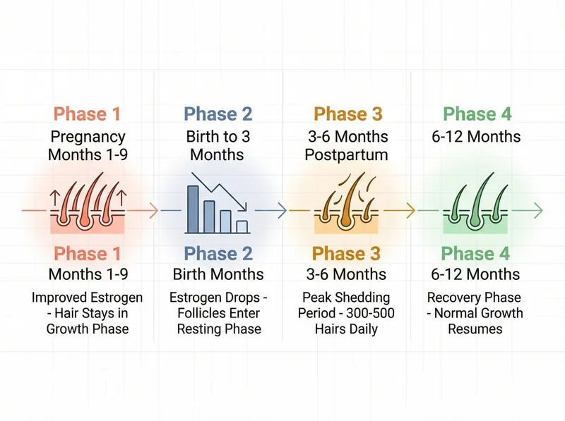 Timeline diagram showing postpartum hair loss phases from pregnancy through recovery