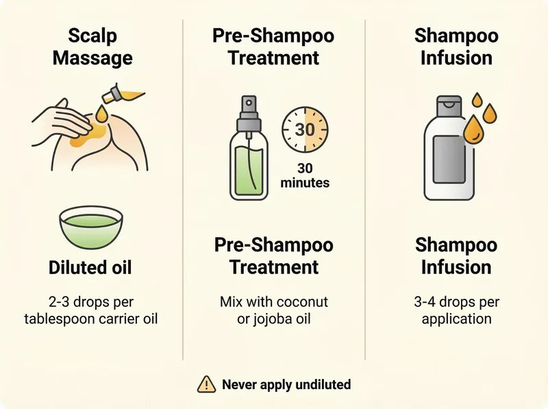 Visual comparison of different rosemary oil application methods for hair showing dilution ratios and techniques
