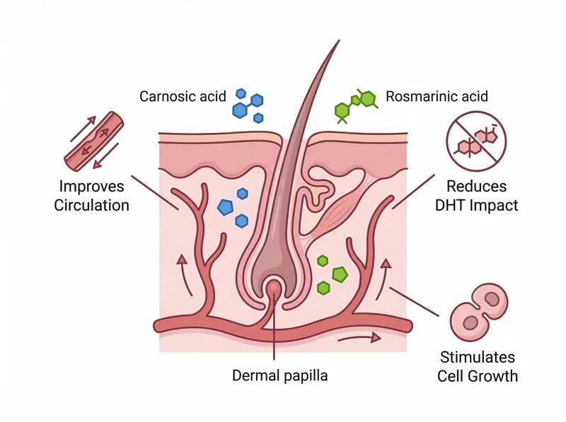 Scientific diagram showing how rosemary oil components interact with hair follicles to stimulate growth
