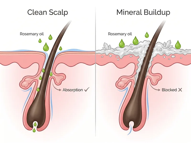 Side-by-side comparison showing how mineral buildup from hard water blocks rosemary oil absorption into hair follicles